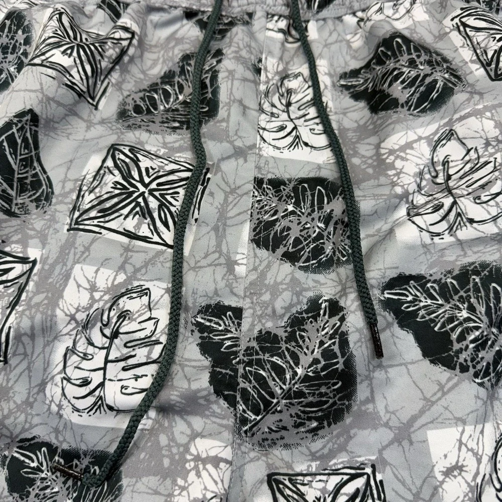FUBU Swim‎ Board Shorts Mens XL Gray Green Beachwear Leaf Print Pockets